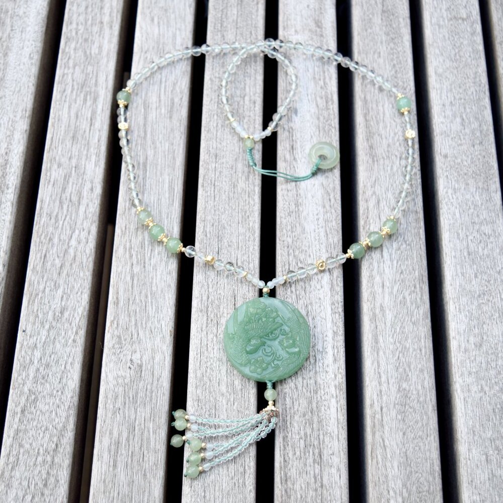 Couple Swallows Pendant Necklace - Green Aventurine Clear Quartz Beaded